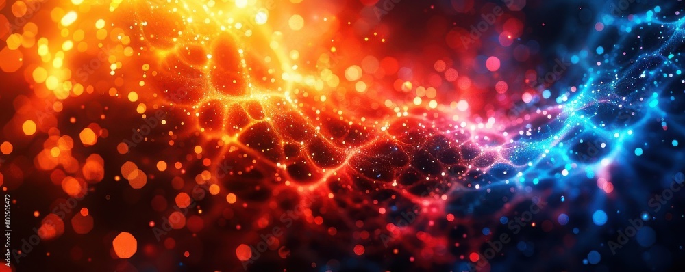 Poster vibrant abstract image of flowing orange and blue lights, resembling network nodes and connections w