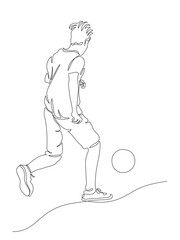 Football or soccer player dribble the ball. Backyard game moment. Back view. Continuous line drawing. Black and white vector in line art style.