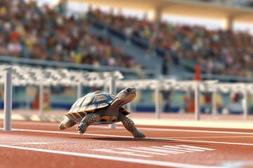Turtle running to the finish line and winning the race, achieving goals and success