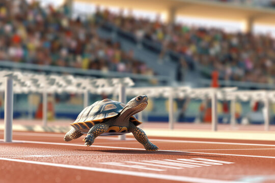Turtle running to the finish line and winning the race, achieving goals and success