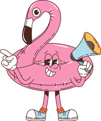 Retro groovy flamingo rubber floating ring character with a cheerful face, holding a megaphone and wearing sneakers. Isolated cartoon vector funky floater personage ready for safety in the pool or sea © Buch&Bee