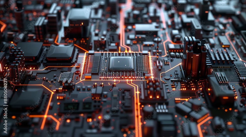Poster futuristic abstract circuit board background with dynamic server elements - 3d rendering ideal for d