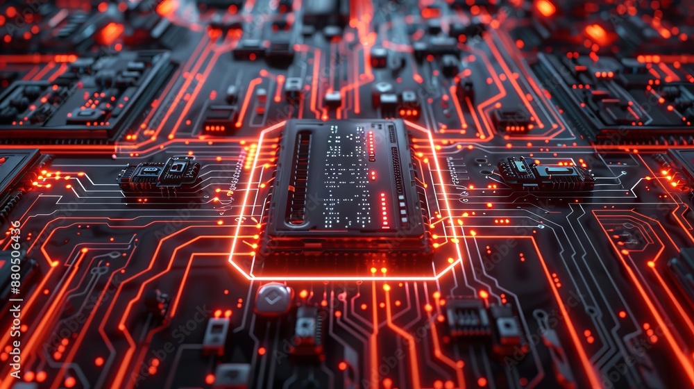 Poster futuristic abstract circuit board background with dynamic server elements - 3d rendering ideal for d