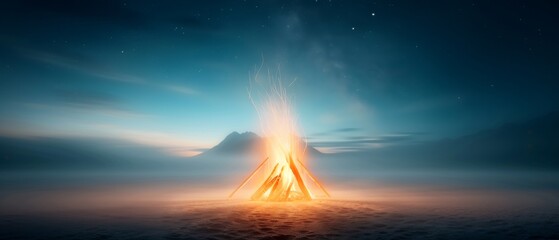 A vibrant bonfire burning against a serene night sky, surrounded by a calm landscape under the stars.