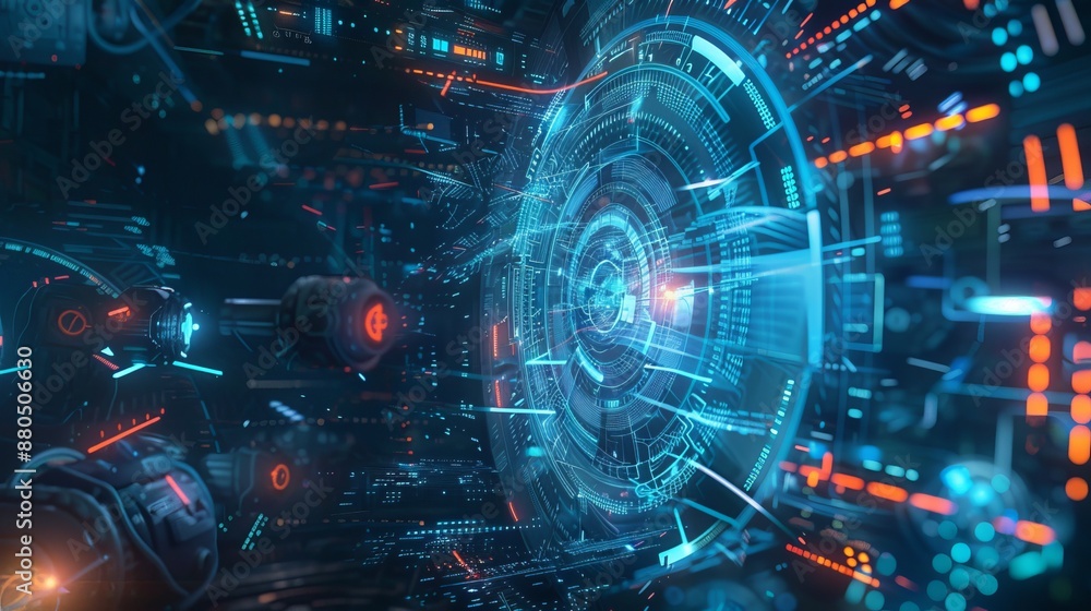 Poster advanced technology concept with holographic data streams and high-tech digital interface on dark ba
