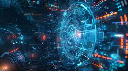 Advanced technology concept with holographic data streams and high-tech digital interface on dark background