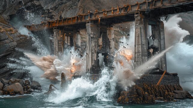 A controlled explosion of an old bridge collapsing into a river.