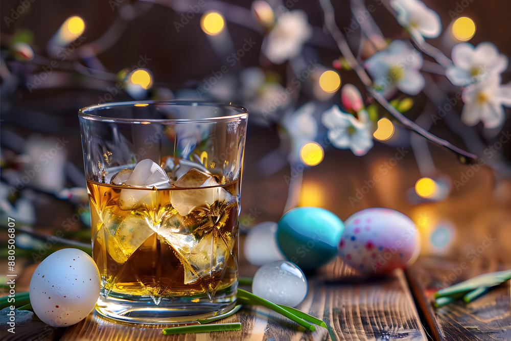 Wall mural a glass of whiskey with ice on a wooden table decorated with an easter theme with eggs