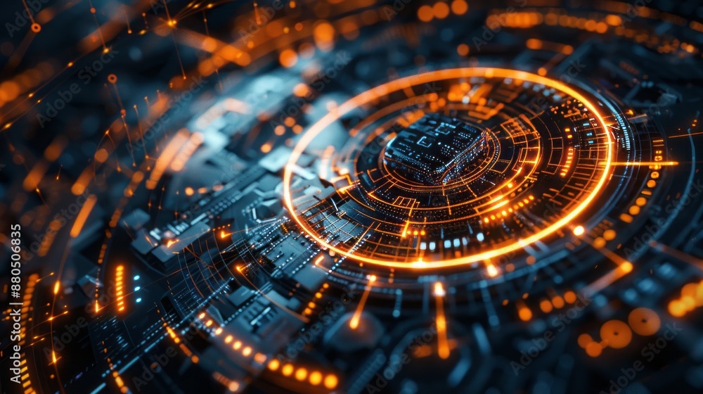 Poster advanced technology concept with holographic data streams and high-tech digital interface on dark ba