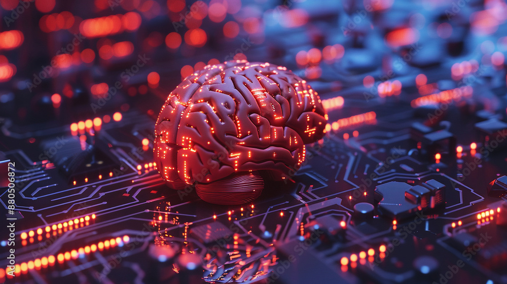 Poster artificial intelligence concept. 3d rendering of the human brain made from glowing digital data on a