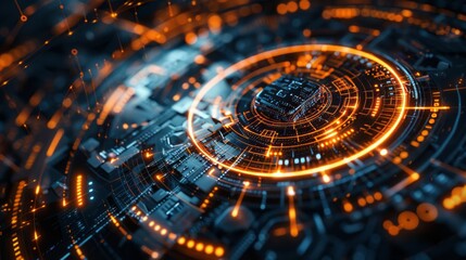 Advanced technology concept with holographic data streams and high-tech digital interface on dark background