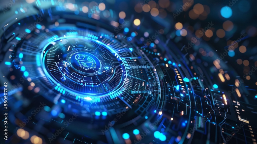 Aufkleber futuristic digital technology background with abstract geometric shapes and glowing neon lines, high