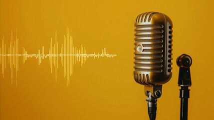 Fototapeta premium Shiny gold microphone with sound wave on vibrant yellow background, audio technology concept