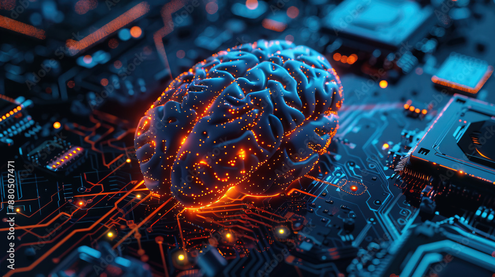Poster artificial intelligence concept. 3d rendering of the human brain made from glowing digital data on a