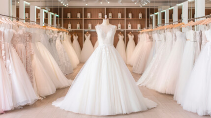 Wedding dress on a mannequin in the center of a bridal boutique, surrounded by rows of dresses, elegant fashion, suitable for bridal and fashion businesses, highlights themes of elegance, style, and w
