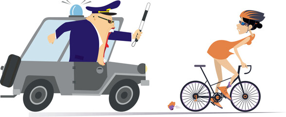 Angry traffic policeman pursues the cyclist woman on the car. 
Frightened cycling woman tries to ride away from the shouting angry traffic policeman, pursuing him on the police car. Isolated on white
