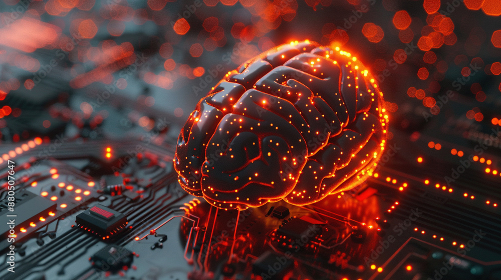 Poster artificial intelligence concept. 3d rendering of the human brain made from glowing digital data on a