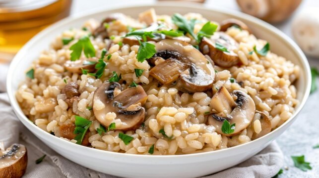 A delicious mushroom risotto in a white bowl, garnished with fresh herbs