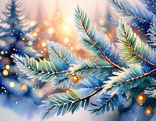 Snow-laden pine branches glisten in warm sunlight, capturing the essence of a serene winter scene