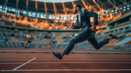 sideview of businessman running at running track in stadium, business competition concept