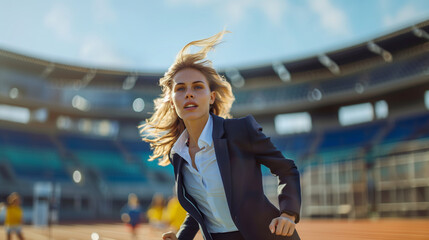 businesswoman running at running track in stadium, business competition concept