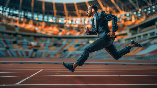 sideview of businessman running at running track in stadium, business competition concept - Powered by Adobe