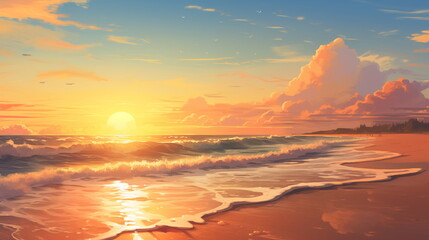 Fototapeta premium golden hour at the beach, beautiful sea sunset landscape wallpaper and background, beach scenic view at dusk