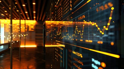 A digital display board showing live updates of gold price graphs and trends.