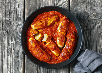German Currywurst, pork sausages in a curry sauce