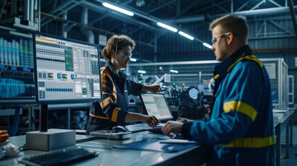 Fototapeta premium Operators controlling product line in modern factory with industry 4.0 and digital technology, engineers monitoring assembly process using scada system and ai technology