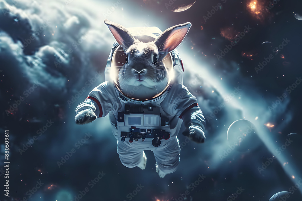 Canvas Prints rabbit wearing space suit flying in outer space magical