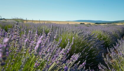 Fototapeta premium Field of Lavender Swaying Gently in the Wind under a Clear Blue Sky