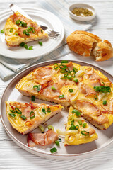 deli ham onion omelette on skillet, top view