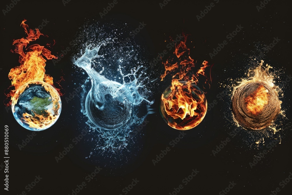 Poster a close-up shot of four different types of fire and water elements against a black background