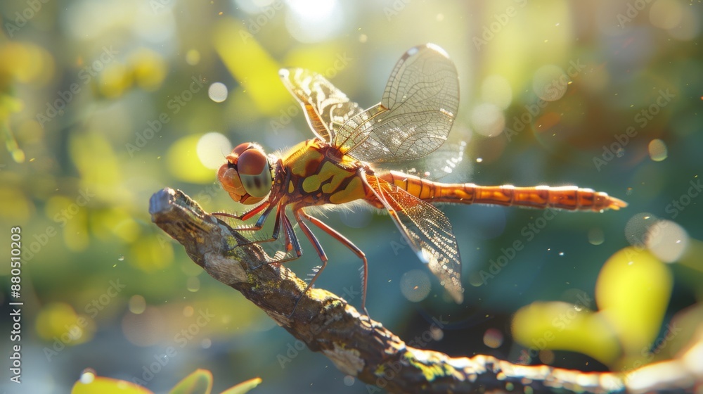 Poster a dragonfly resting on a twig with its wings glistening in the sunlight.