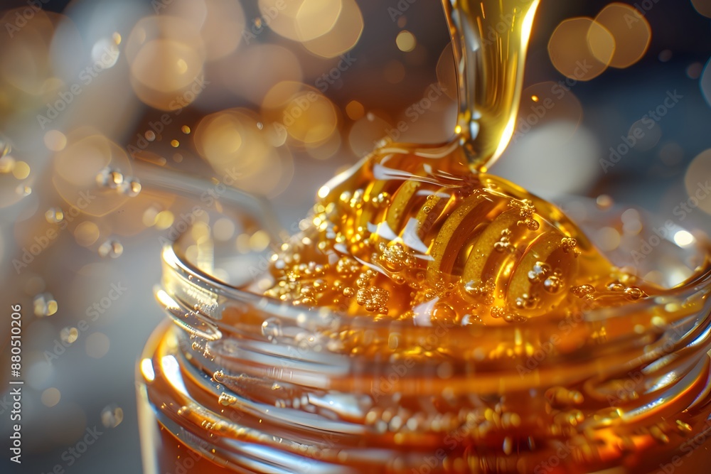 Poster golden honey drizzling into a jar with sparkling bokeh background
