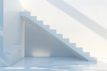 Sleek, minimalist staircase with floating steps, casting subtle shadows on a pristine white wall, leading up to an airy and open space.
