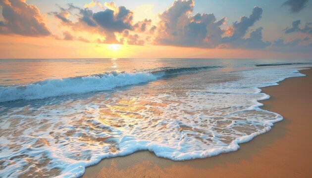 Gentle Ocean Waves Rolling Onto a Sandy Beach at Sunset