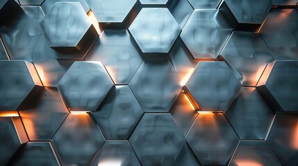 Futuristic hexagonal metal grid background with illuminated blue light, abstract high-tech design featuring metallic hexagon patterns and modern lighting effects for technology, innovation, and indust