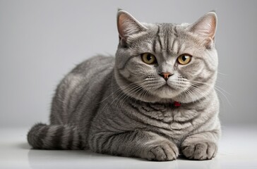 Fototapeta premium Gray tabby cat portrait with intense eyes lying on white surface