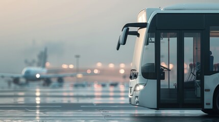 shuttle bus brought people to the airport for the flight, a modern white coach bus at an airport terminal.