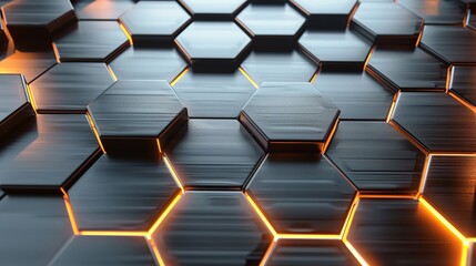 Futuristic hexagonal metal grid background with illuminated blue light, abstract high-tech design featuring metallic hexagon patterns and modern lighting effects for technology, innovation, and indust