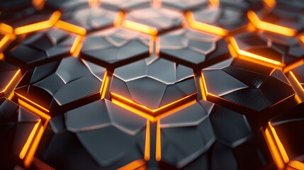 Futuristic hexagonal metal grid background with illuminated blue light, abstract high-tech design featuring metallic hexagon patterns and modern lighting effects for technology, innovation, and indust