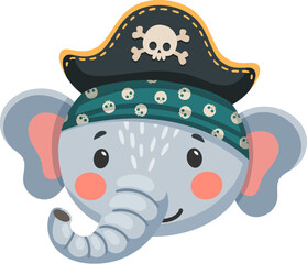 Cartoon elephant animal pirate and corsair. Adorable sailor, captain, skipper and boatswain cute character. Isolated vector kawaii safari zoo personage face with a sweet smile, playful bandana and hat