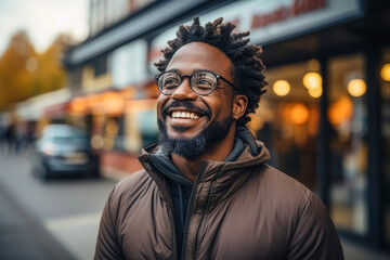 Obraz premium Portrait of an adult smiling satisfied handsome bearded black man wearing glasses outdoor