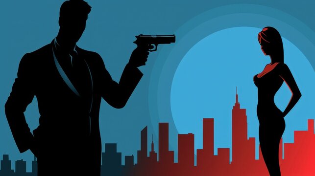 Intriguing 3D noir illustration male detective or mobster with gun, cityscape backdrop, woman posing.