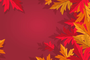 Frame with bright autumn maple leaves and shadows on a pink background. Autumn illustration, vector