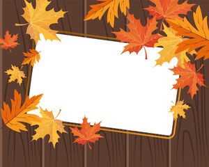 Obraz premium Frame for text with autumn maple leaves on vintage wooden planks. Autumn illustration, vector