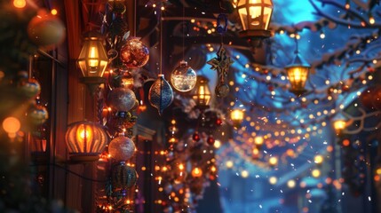 A festive holiday scene with decorative lamps and twinkling lights.