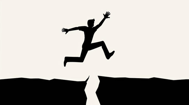 Bold silhouette leaping over a gap, symbolizing courage and taking a leap of faith.